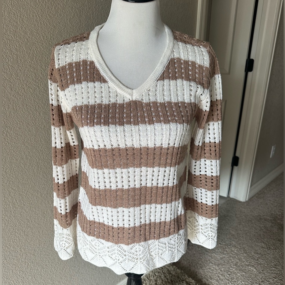 Maurices V-Neck Sweater -
Cream and Brown Stripes. Medium